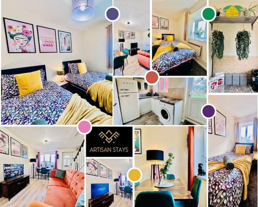a collage of pictures of a room with beds at Brand New! The Cosy Cove by Artisan Stays I Free Parking I Bank Holiday Offer in Chelmsford