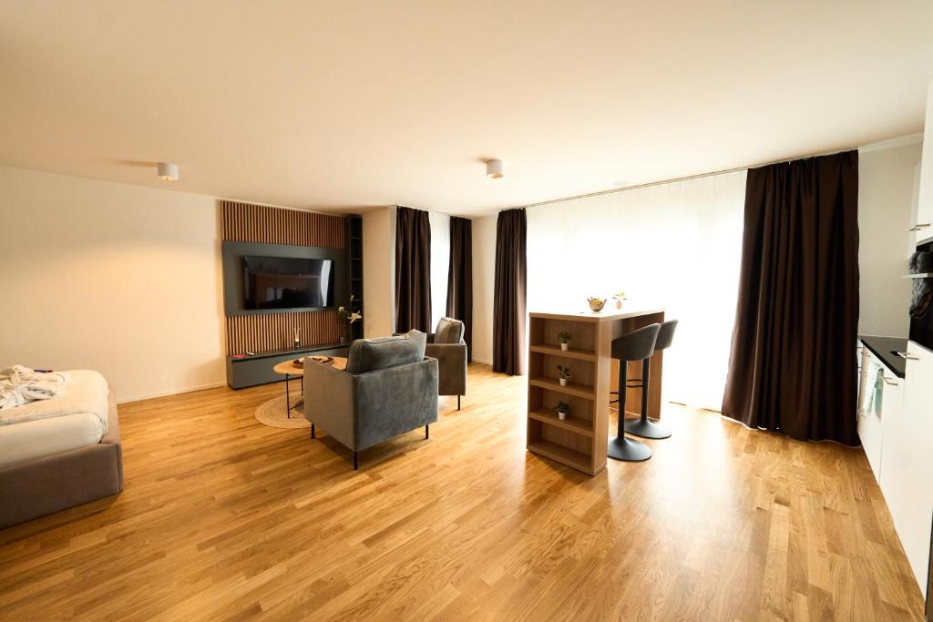ein Wohnzimmer mit einem Sofa, einem Stuhl und einem TV in der Unterkunft Cartea Apartments Zürich Airport in Opfikon