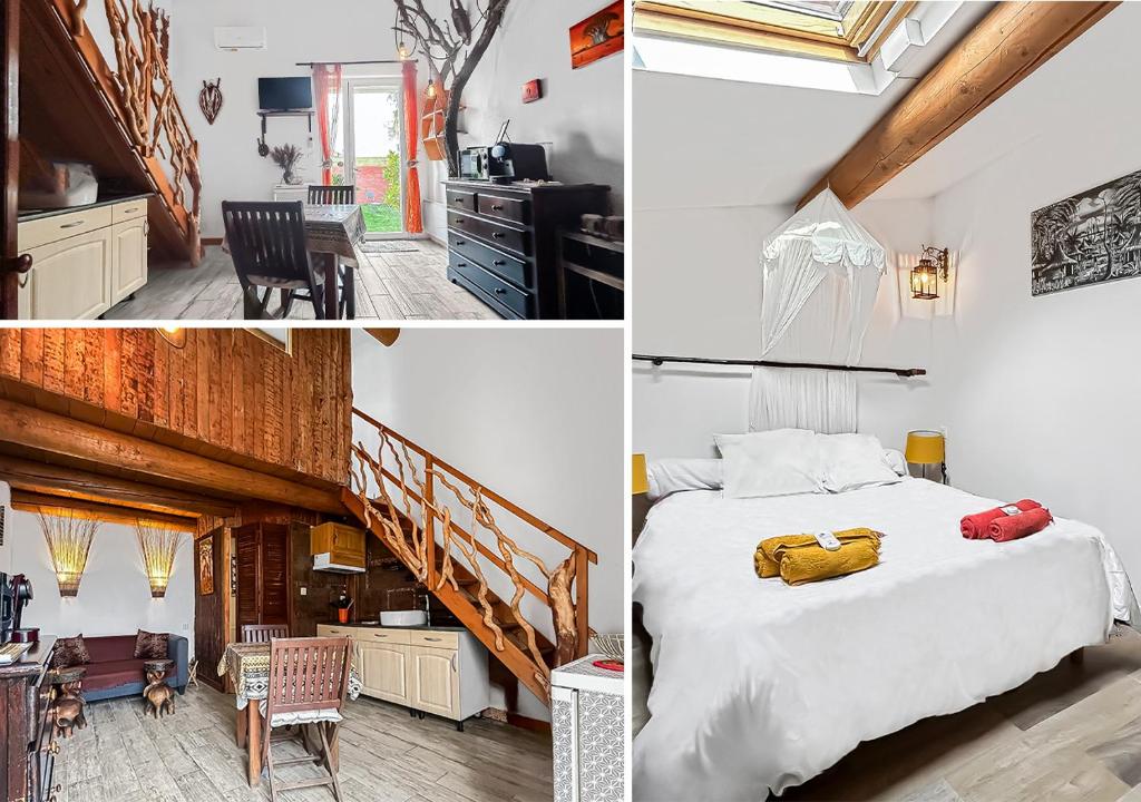 a room with a bed and a kitchen and a staircase at LA BERGERIE DOUCEUR AUBORD in Aubord