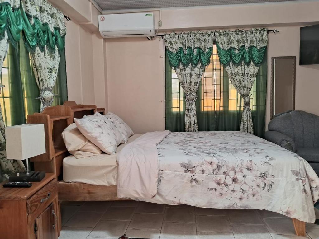 a bedroom with a bed with green curtains at Destination Hope Booking in Georgetown