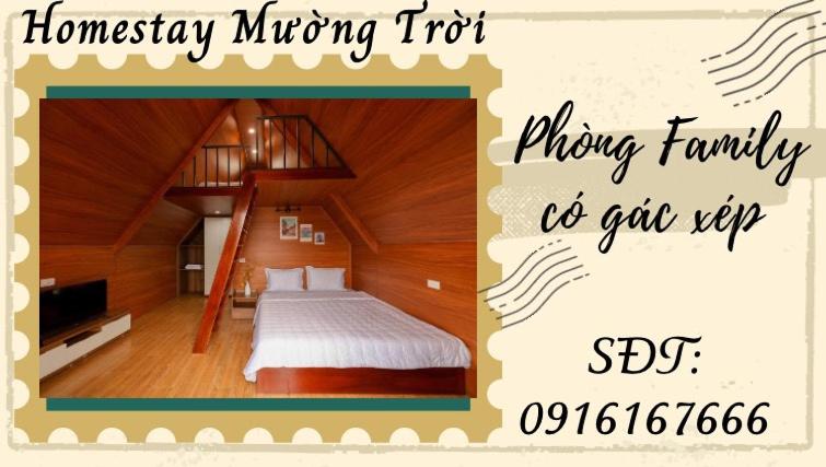 a picture of a bedroom with a bed and a staircase at Homestay Mường Trời in Diện Biên Phủ