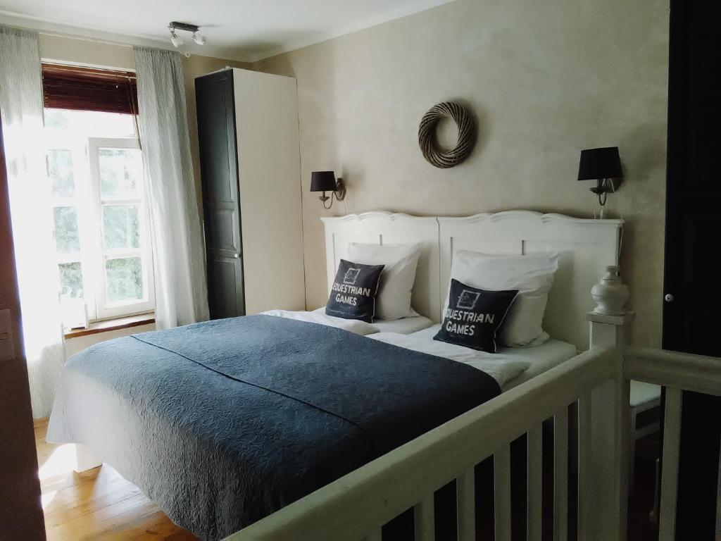 1 dormitorio con 1 cama con 2 almohadas en Gästewohnung am See, en Neuenkirchen