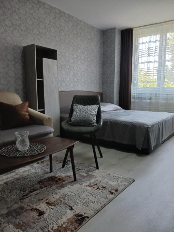 a bedroom with a bed and a chair and a couch at Тристаен апартамент in Sofia