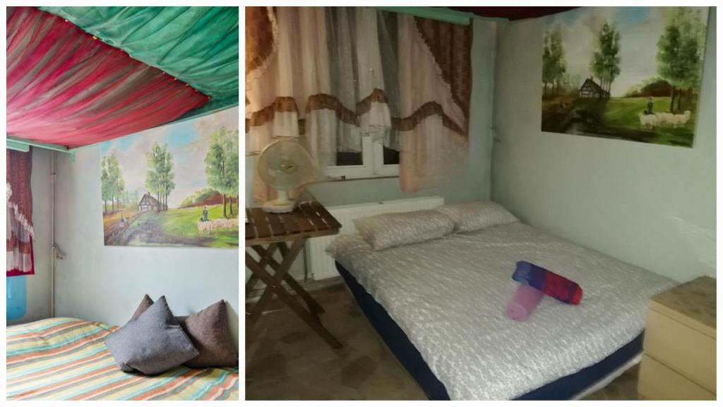 duas fotografias de um quarto com uma cama e uma mesa em Room in House - 2 floors 2 bedrooms near Central Station em Antuérpia