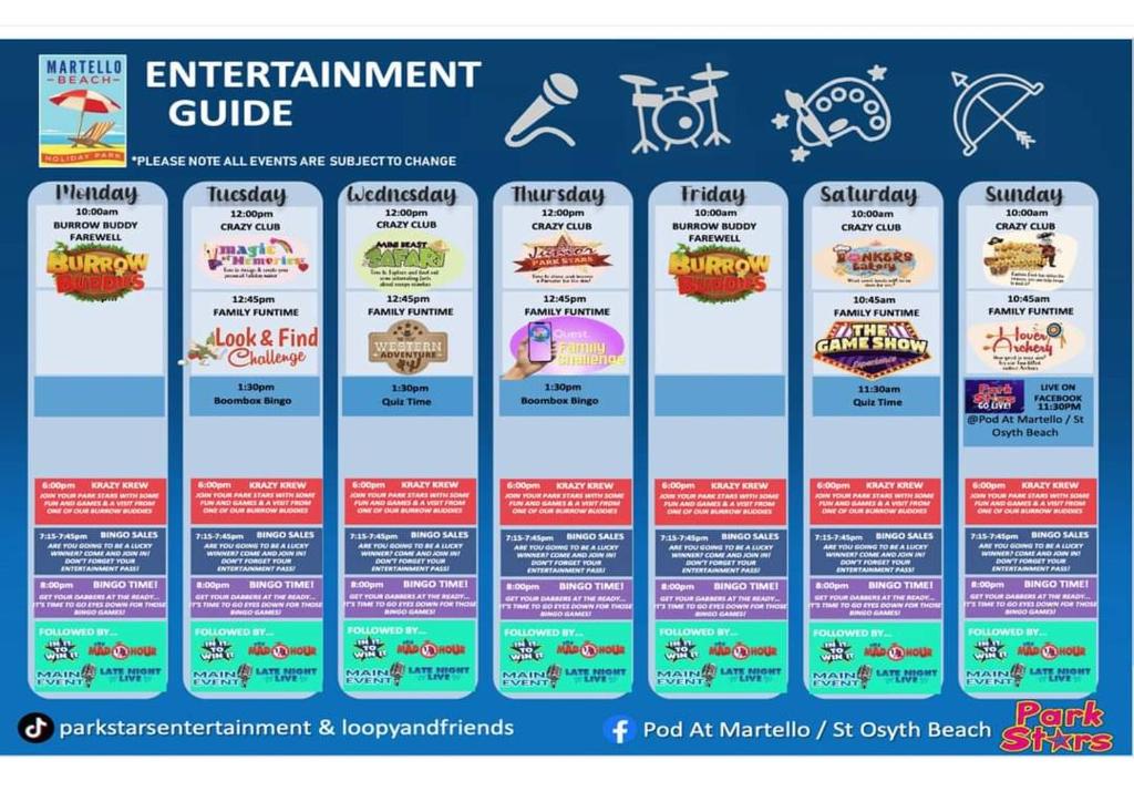 a poster showing the different elements of an entertainment guide at Sunny Seaside chills in Saint Osyth