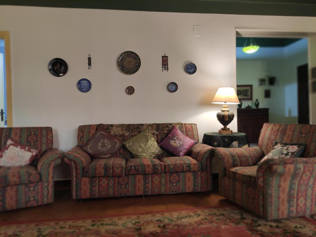 una sala de estar con 2 sofás y placas en la pared en Luxurious Cairo escape en El Cairo