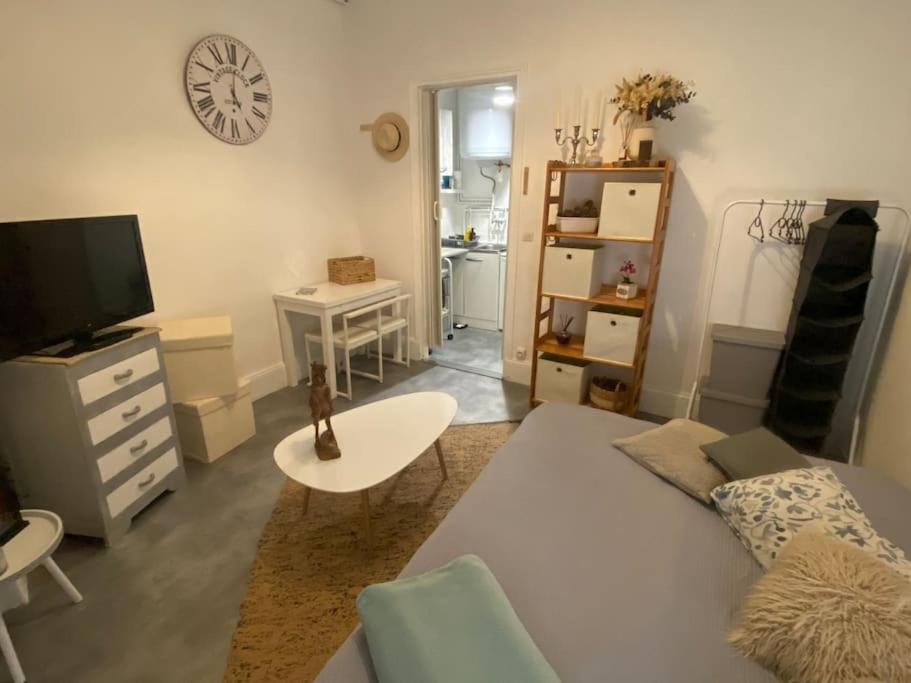 a living room with a couch and a tv at Studio cosy proche centre (CDG) in Charleville-Mézières