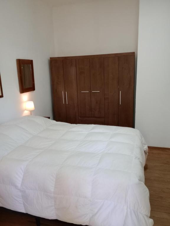 1 dormitorio con cama blanca y armarios de madera en Sofia, en Montevideo
