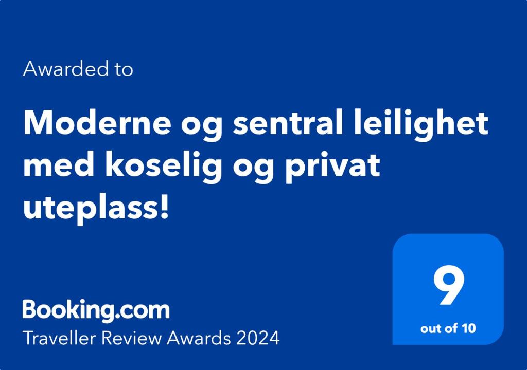 Certifikát, hodnocení, plakát nebo jiný dokument vystavený v ubytování Moderne og sentral leilighet med koselig og privat uteplass!