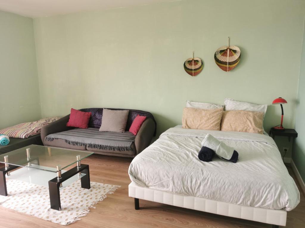 een woonkamer met een bed en een bank bij Appartement, charmant type F1 37m2 vue dégagée, in Commentry