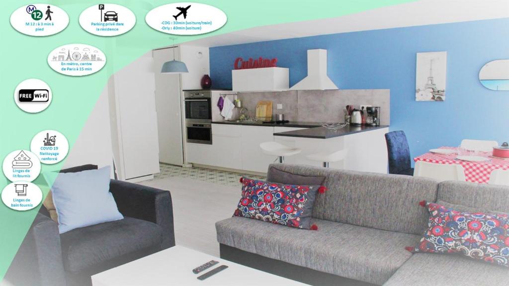 a living room with a couch and a kitchen at Logement familial tout équipé (1 station de Paris) in Saint-Denis