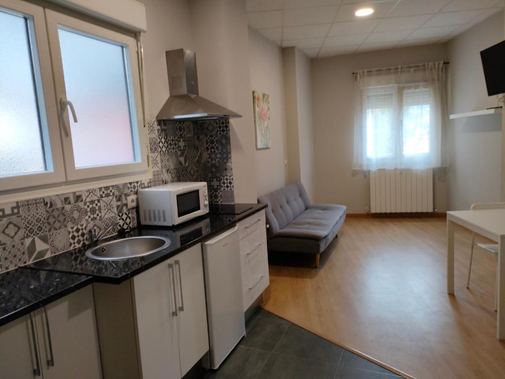uma cozinha com um lavatório e um micro-ondas em Apartamento en Bilbao con Wifi al lado del metro em Bilbau
