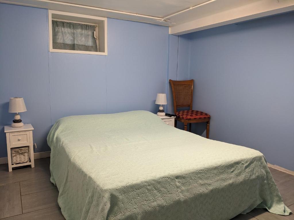 une chambre bleue avec un lit et une fenêtre dans l'établissement Chambre dans maison prés du stade de France et piscine olympique, à Franconville
