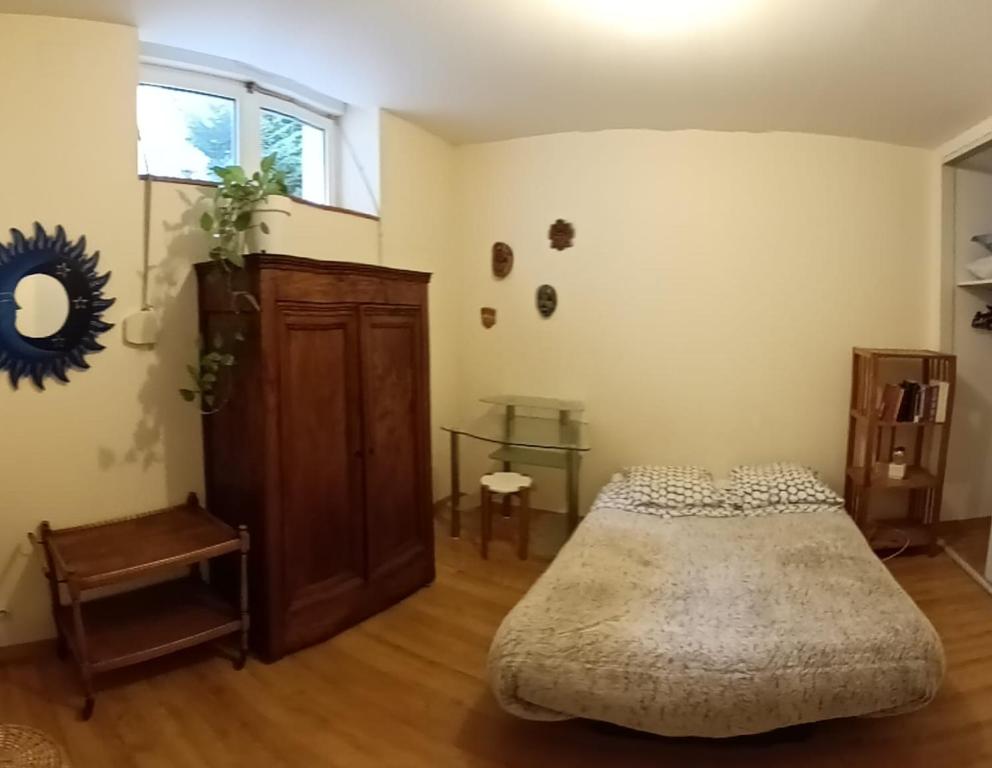 sypialnia z łóżkiem i drewnianą podłogą w obiekcie Chambre Angers centre-ville gare 1 w mieście Angers