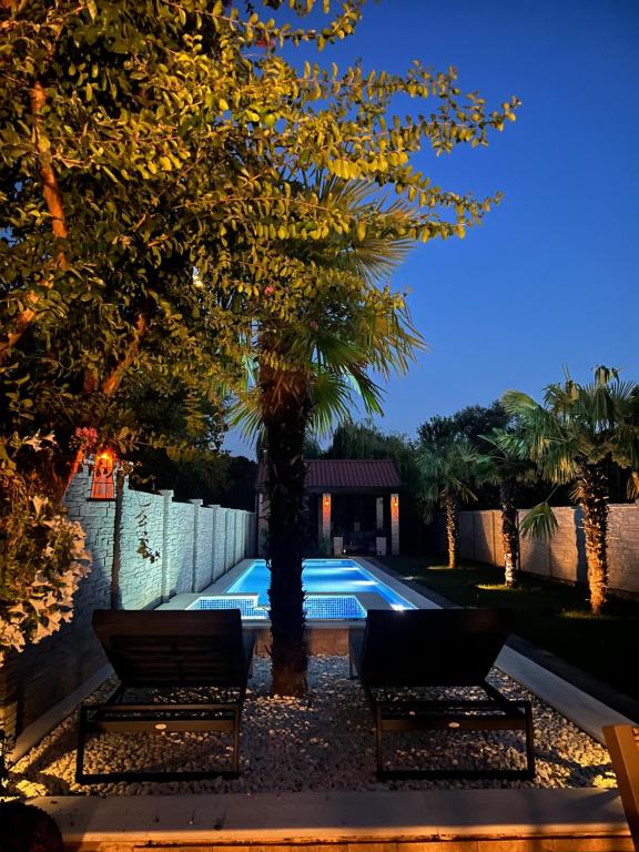 uma piscina com dois bancos e uma palmeira em Villa Bura em Mostar