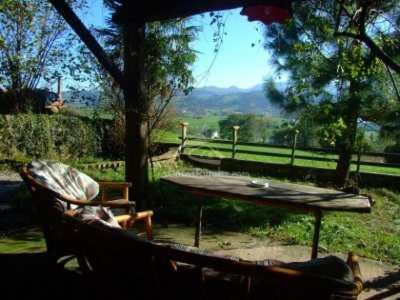 a patio with a table and chairs with a view of a field at Bajo el arce del parque de Cabarceno , casa rural in Sobarzo
