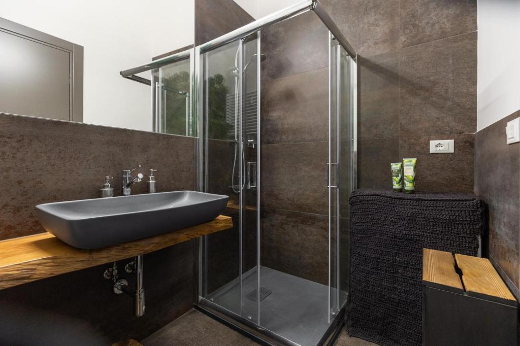 W łazience znajduje się umywalka i przeszklony prysznic. w obiekcie Art Apartment Galliera w Bolonii
