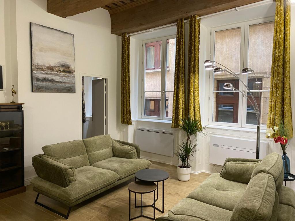a living room with two couches and a table at Presqu'ile Saint Nizier coeur de Lyon classé 4* in Lyon