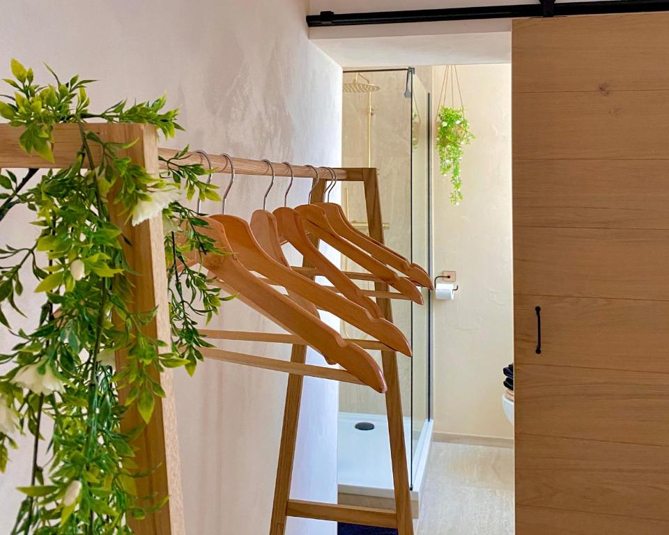 une échelle dans une pièce avec des plantes dans l'établissement Studio en plein cœur du centre historique, à Aigues-Mortes