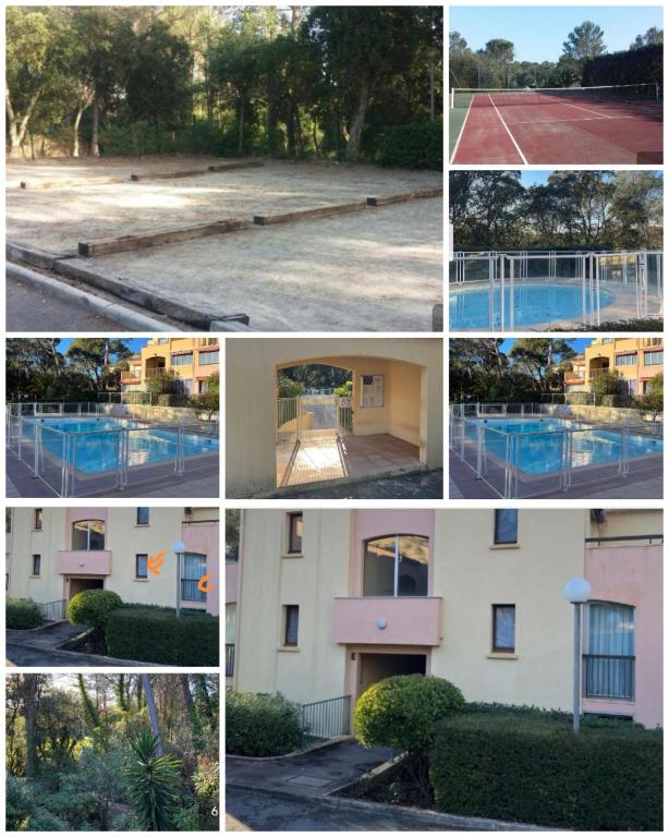 un collage de photos d'un bâtiment et d'une piscine dans l'établissement Charmant studio Valescure Saint Raphaël, à Saint-Raphaël