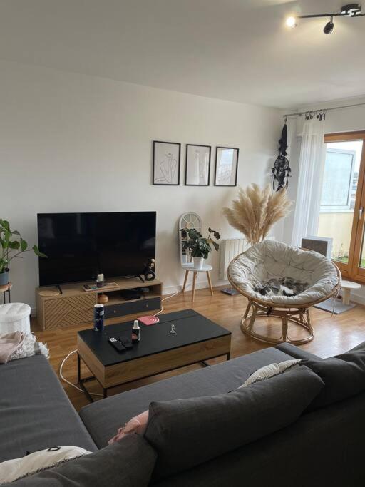 ein Wohnzimmer mit einem Sofa und einem Flachbild-TV in der Unterkunft Appart 8min à pied de la gare in Le Mans