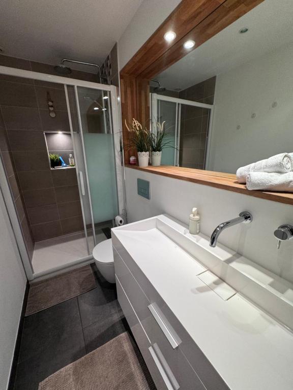 a bathroom with a sink and a shower and a toilet at Vieil Antibes Apartment with AC 320m from Beach in Antibes