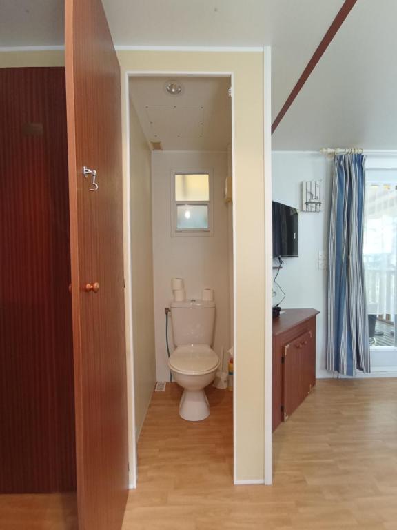 a bathroom with a toilet and a television in it at Camping les dunes de Contis 3* grand emplacement ombragé et calme in Saint-Julien-en-Born