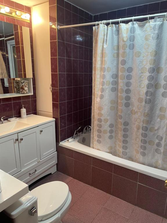 a bathroom with a toilet and a shower curtain at not availableplease do not book in Montreal