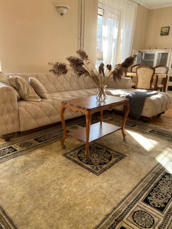uma sala de estar com um sofá e uma mesa de centro em New Ferry Klaipeda em Klaipėda