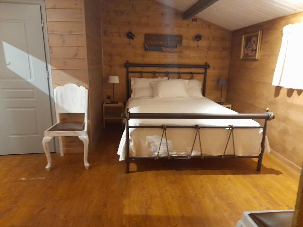 安德羅斯的住宿－CASA DI PATOURIA , stenies Andros，一间卧室配有一张床和一把椅子