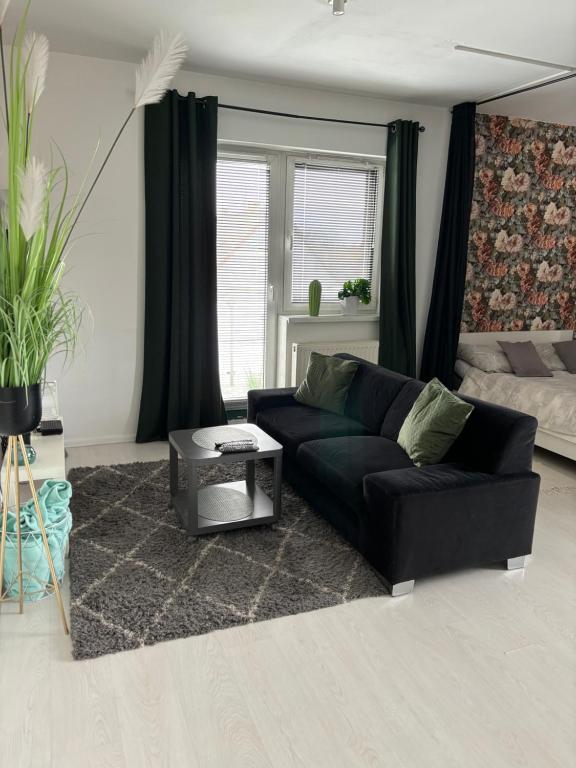 a living room with a black couch and a bed at Apartament Sobieskiego in Zabrze