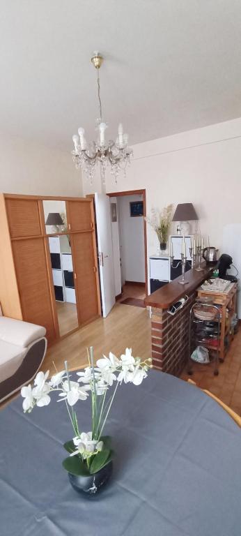 a living room with a table with a vase of flowers at Evasion du Stade in Saint-Denis