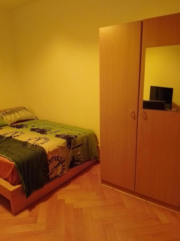 um quarto com uma cama e um closet com uma televisão em JIMOBA PLACE em La Chaux-de-Fonds
