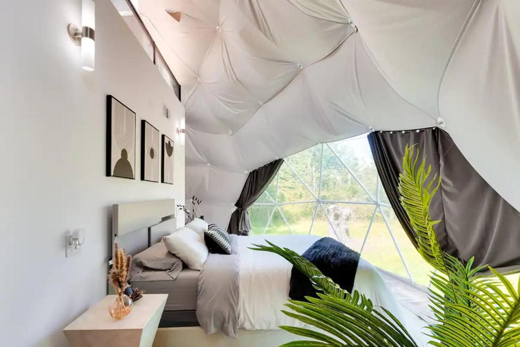a bedroom with a bed and a large window at Unique Escapes - Modern Luxury Geodome in Monticello