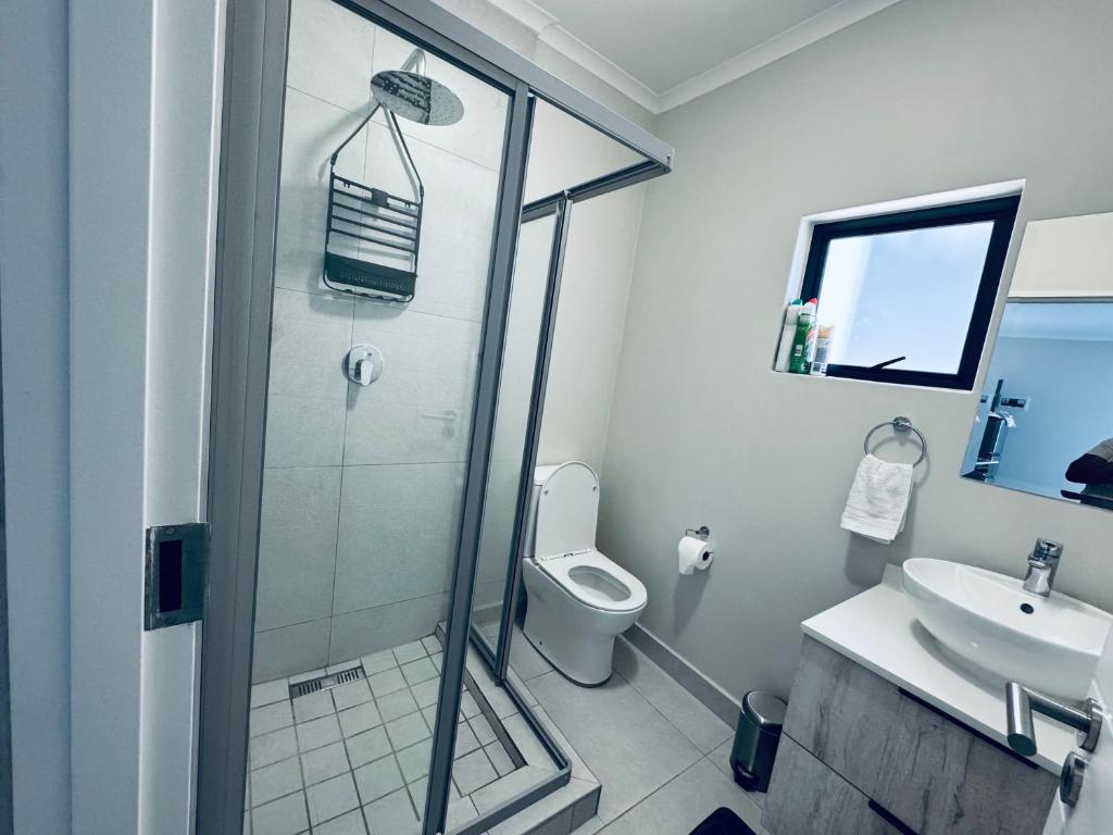 ein Bad mit einer Dusche, einem WC und einem Waschbecken in der Unterkunft Liams blue suite at 93 On New in Midrand