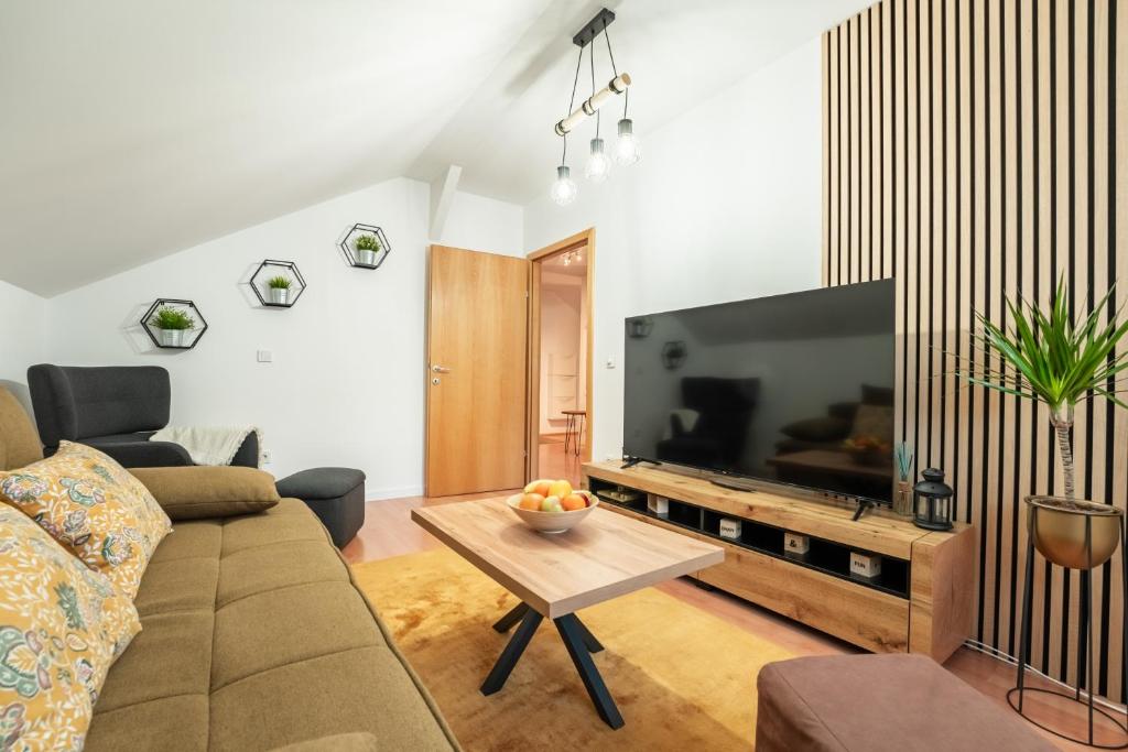 a living room with a large flat screen tv at Apartment Premier in Bjelovar