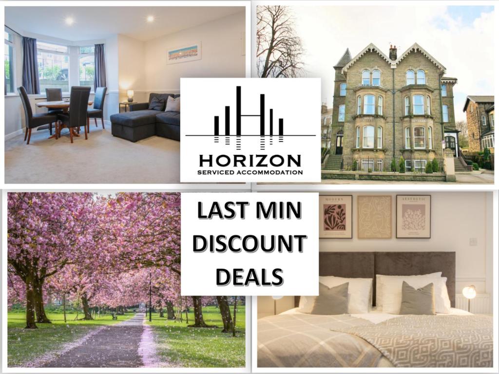 a collage of photos with a house and words last min discount deals at Bright & Spacious Central Apartment in Harrogate