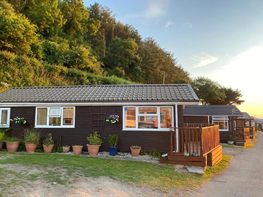 a small house with potted plants in front of it at Chalet 5 Clarach Bay in Aberystwyth