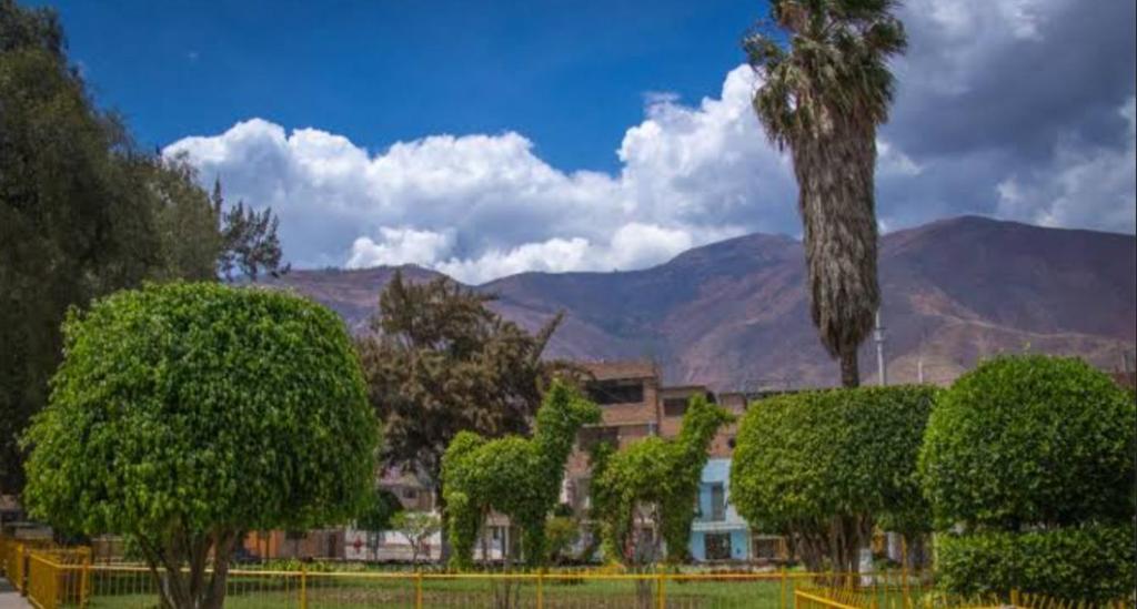 una casa con árboles y montañas en el fondo en Debit, en Huánuco