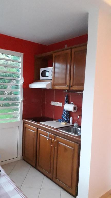 a small kitchen with a sink and a microwave at l'HABITATION in Le Gosier
