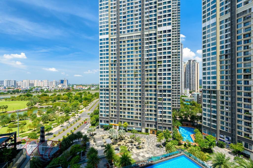 an aerial view of a city with tall buildings at Vinhomes Central Park Apartment- Landmark Luxury in Ho Chi Minh City