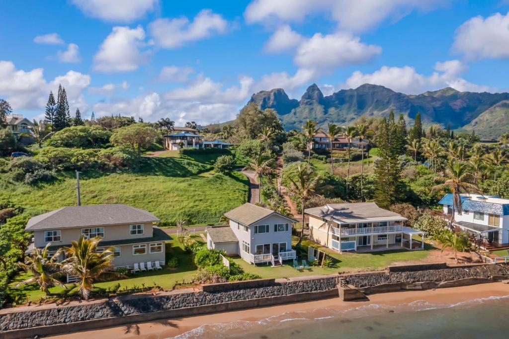 an aerial view of homes on the shore of the water at Kauai Aliomanu home in Anahola