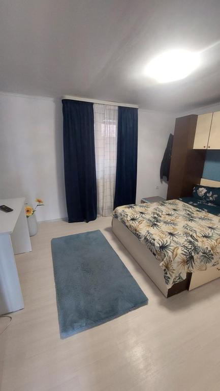 ein Schlafzimmer mit einem Bett und einem blauen Teppich in der Unterkunft Casa Petra in Sărata-Monteoru