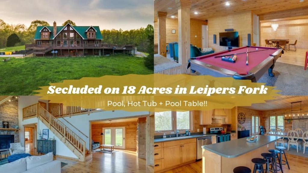a collage of pictures of a house with a pool table at Secluded 18-Acres with Pool Hot Tub Pool Table in Fairview