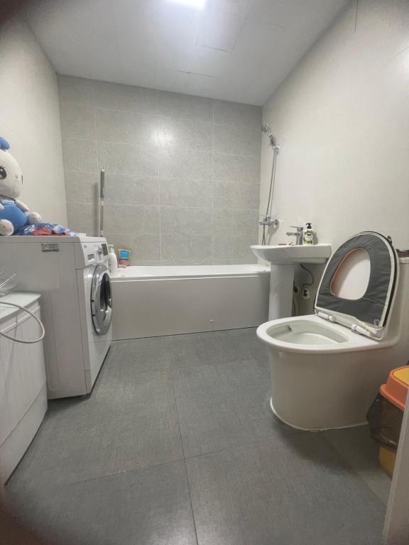 a bathroom with a toilet and a sink and a washing machine at Middle River Apartment & Tours in Ulaanbaatar