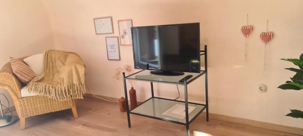 uma televisão numa mesa de vidro numa sala de estar em Apartment Pusteblume mit Balkon, neu teilrenoviert em Sankt Martin