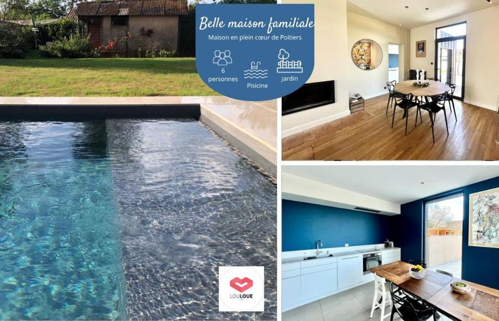 a collage of three pictures of a swimming pool at Beautiful family home in Poitiers