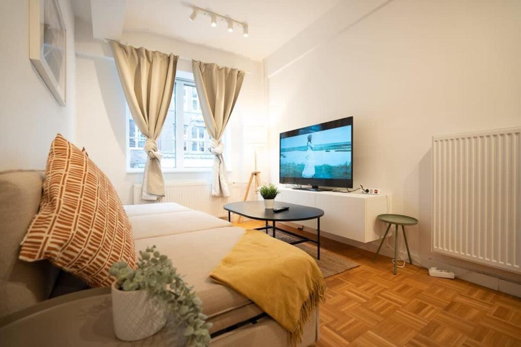 a living room with a bed and a television at Living in Hamburg City Center in Hamburg