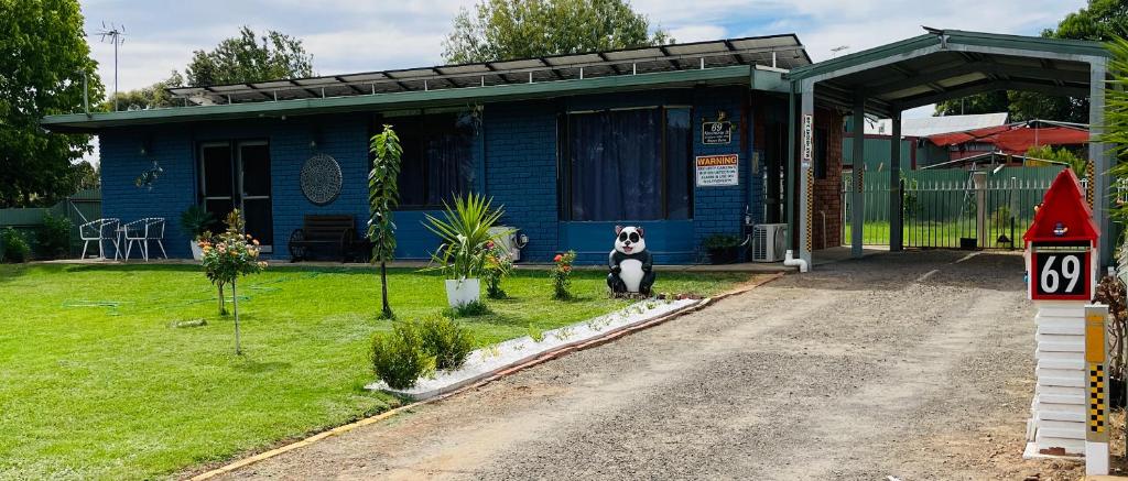 una casa azul con un perro sentado frente a ella en Jerilderie BNB - Pets Welcome - House en Jerilderie