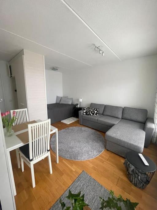 ein Wohnzimmer mit einem Sofa, einem Tisch und Stühlen in der Unterkunft Yksiö Pispalassa in Tampere